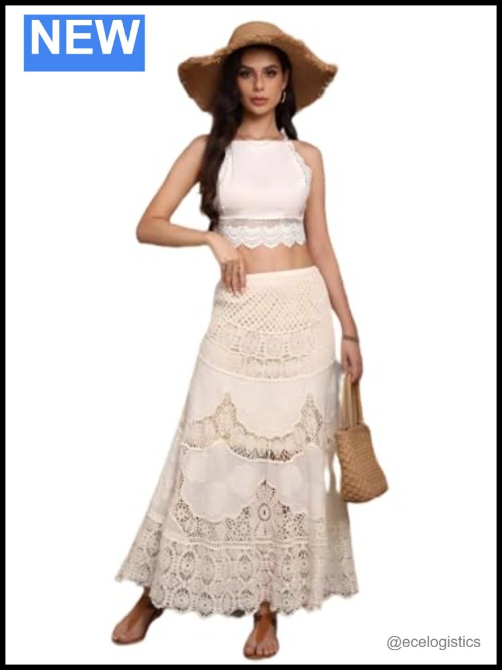 Crochet Eyelet Lace A-Line Flowy Maxi Skirt High Waisted Boho Beach Cover Up